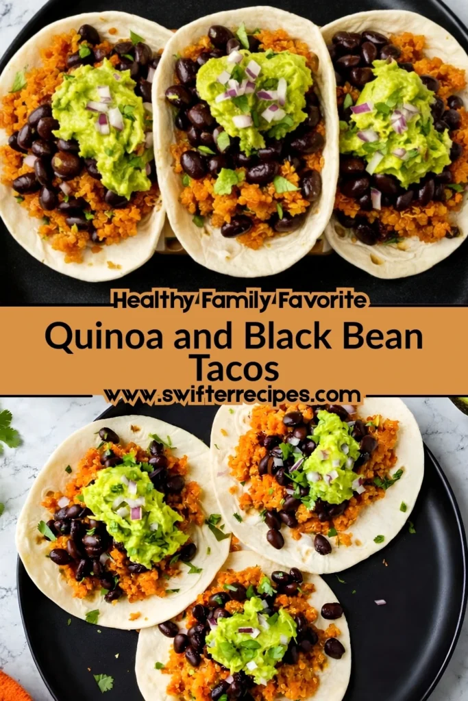 Healthy family favorite quinoa and black bean tacos topped with guacamole, red onion, and cilantro on soft tortillas