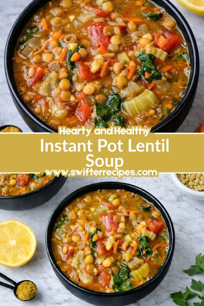 Three bowls of Instant Pot lentil soup with kale, tomatoes, and vegetables, labeled “Hearty and Healthy Instant Pot Lentil Soup”