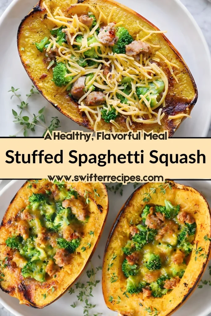 Healthy Stuffed Spaghetti Squash with Sausage, Broccoli, and Cheese