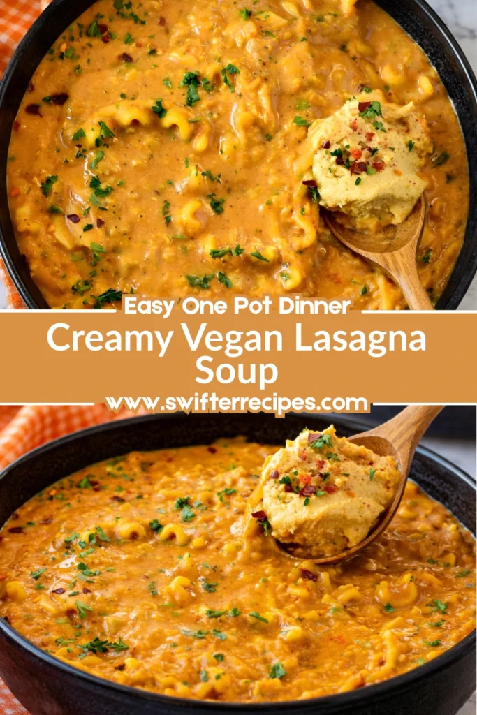 Creamy vegan lasagna soup in black bowls with wooden spoon and Easy One Pot Dinner text overlay