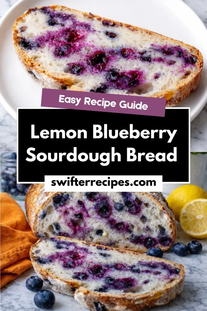 Lemon blueberry sourdough bread with toasted slice on white plate showing purple berry swirls and golden crust texture