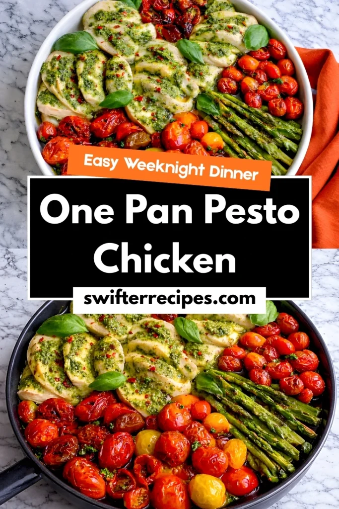 One pan pesto chicken with roasted tomatoes and asparagus in a white dish and skillet with text overlay easy weeknight dinner