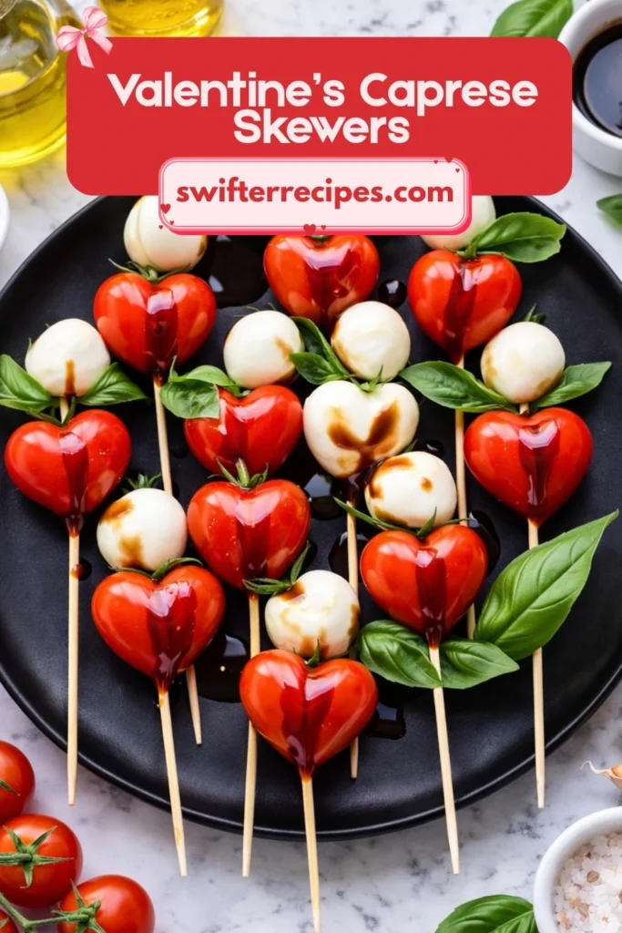 Heart-Shaped Valentine’s Caprese Skewers with Fresh Basil, Mozzarella, and Balsamic Glaze