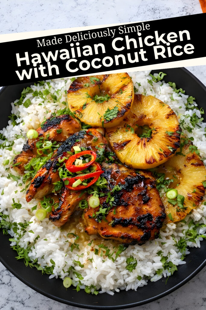 Hawaiian chicken with coconut rice topped with grilled pineapple and chili, styled with bold recipe text for blog or Pinterest promotion