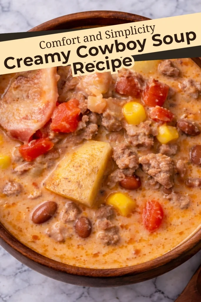 Top view of creamy cowboy soup with beef potatoes corn and beans in a bowl with promotional recipe text overlay
