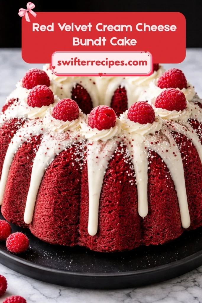 Red velvet cream cheese bundt cake with white glaze and fresh raspberries