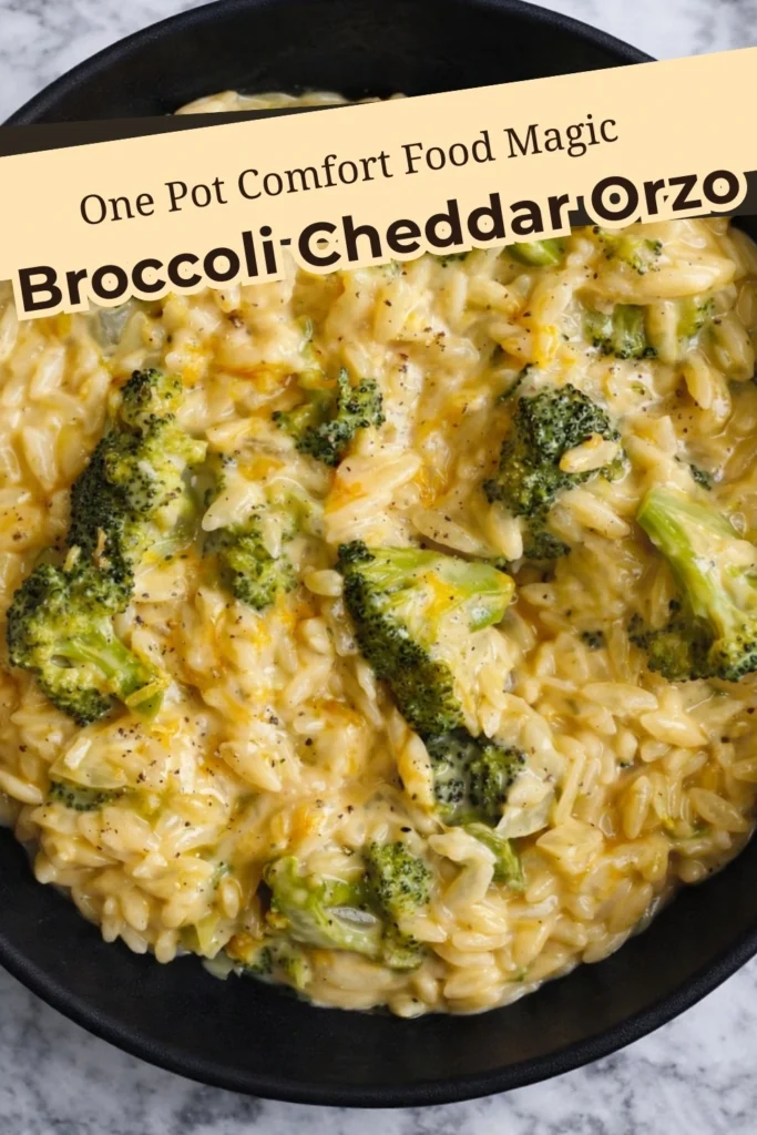 Broccoli cheddar orzo close-up in black bowl with text overlay that reads One Pot Comfort Food Magic