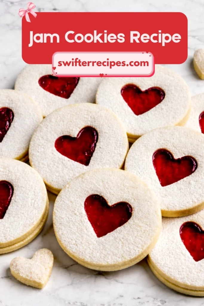 Heart-Shaped Jam Cookies with Powdered Sugar and Strawberry Filling
