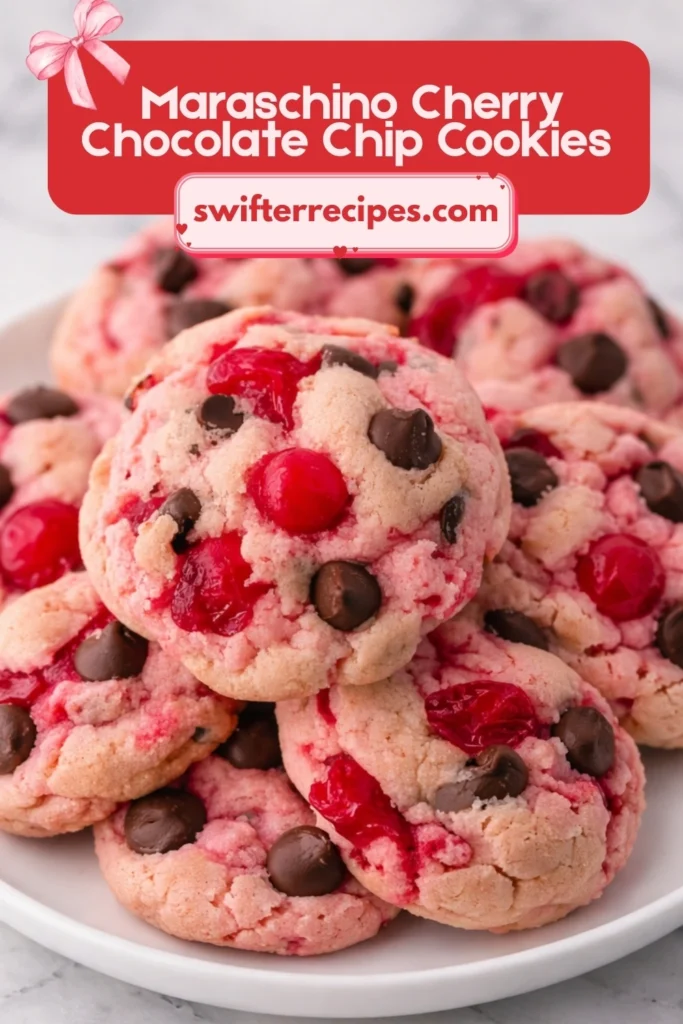 Maraschino Cherry Chocolate Chip Cookies with vibrant pink and chocolate chips