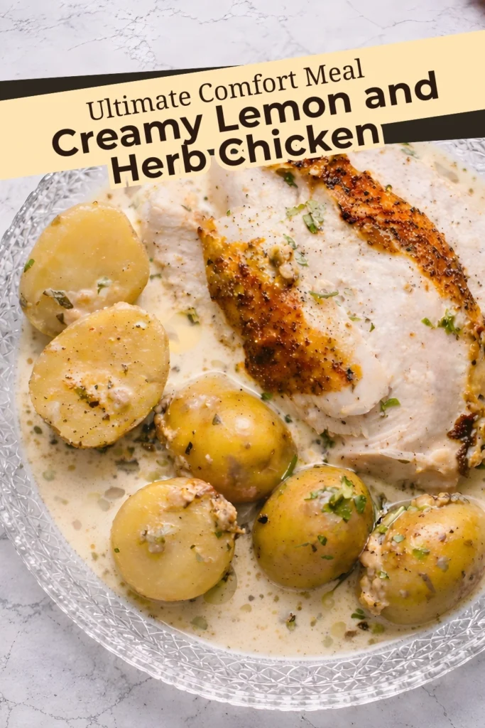 Creamy lemon and herb chicken with baby potatoes in cream sauce labeled as ultimate comfort meal