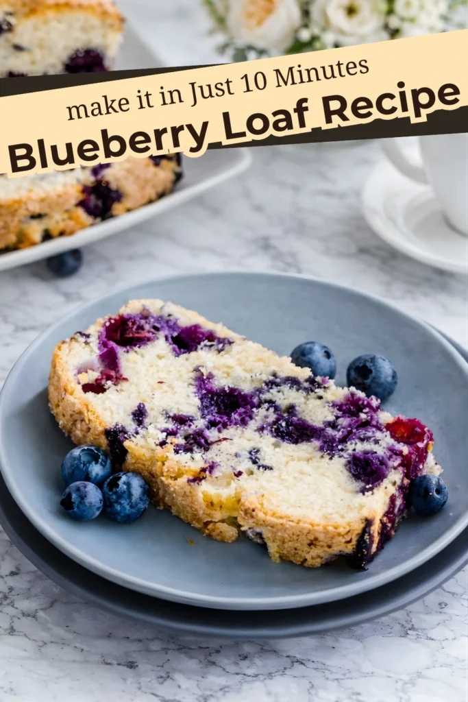 Blueberry loaf slice on plate with fresh berries and bold recipe text overlay