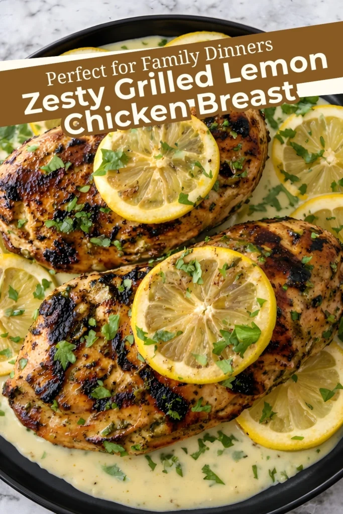 Zesty grilled lemon chicken breasts served in creamy lemon sauce and garnished with lemon slices and parsley, labeled perfect for family dinners