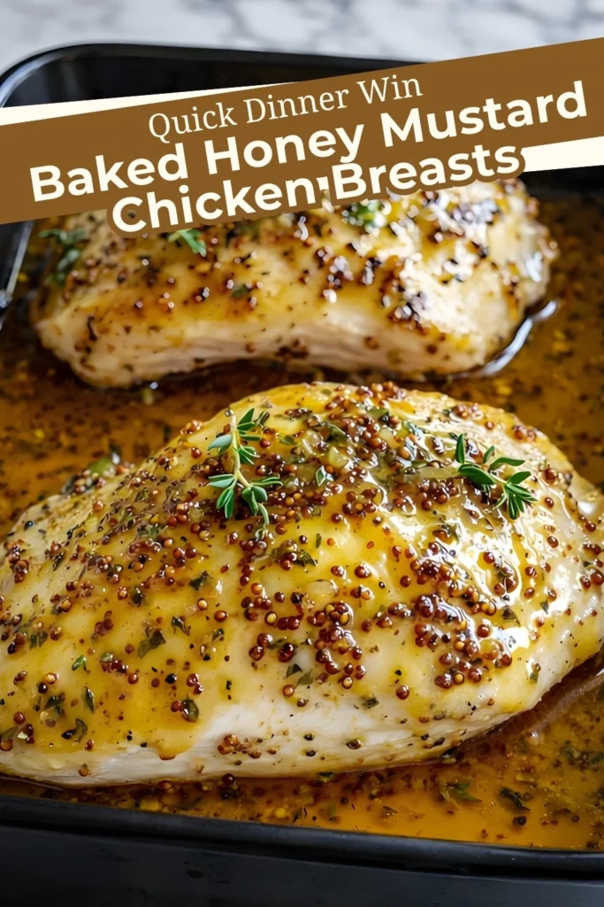Baked honey mustard chicken breasts in golden sauce with whole grain mustard and herbs, labeled as a quick dinner idea