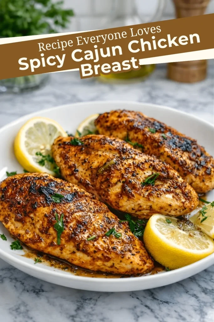 Spicy Cajun chicken breast served with lemon slices and herbs on a white plate