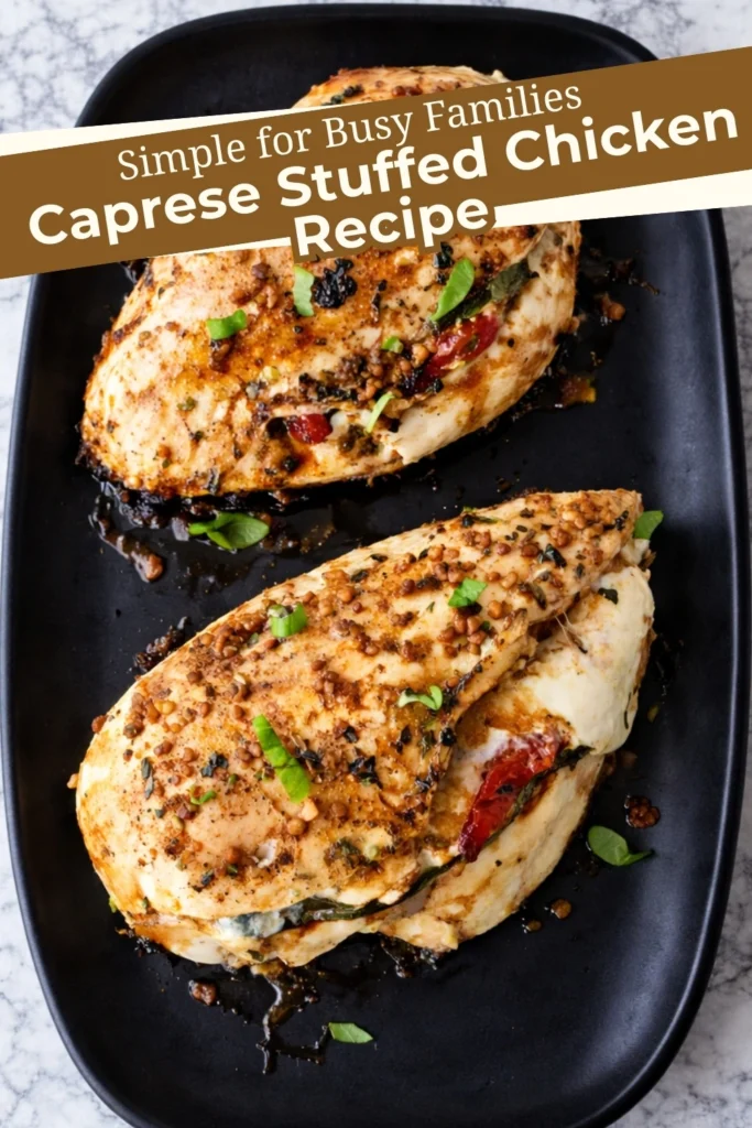 Caprese stuffed chicken breasts topped with herbs and balsamic glaze on a black plate with text overlay reading Simple for Busy Families