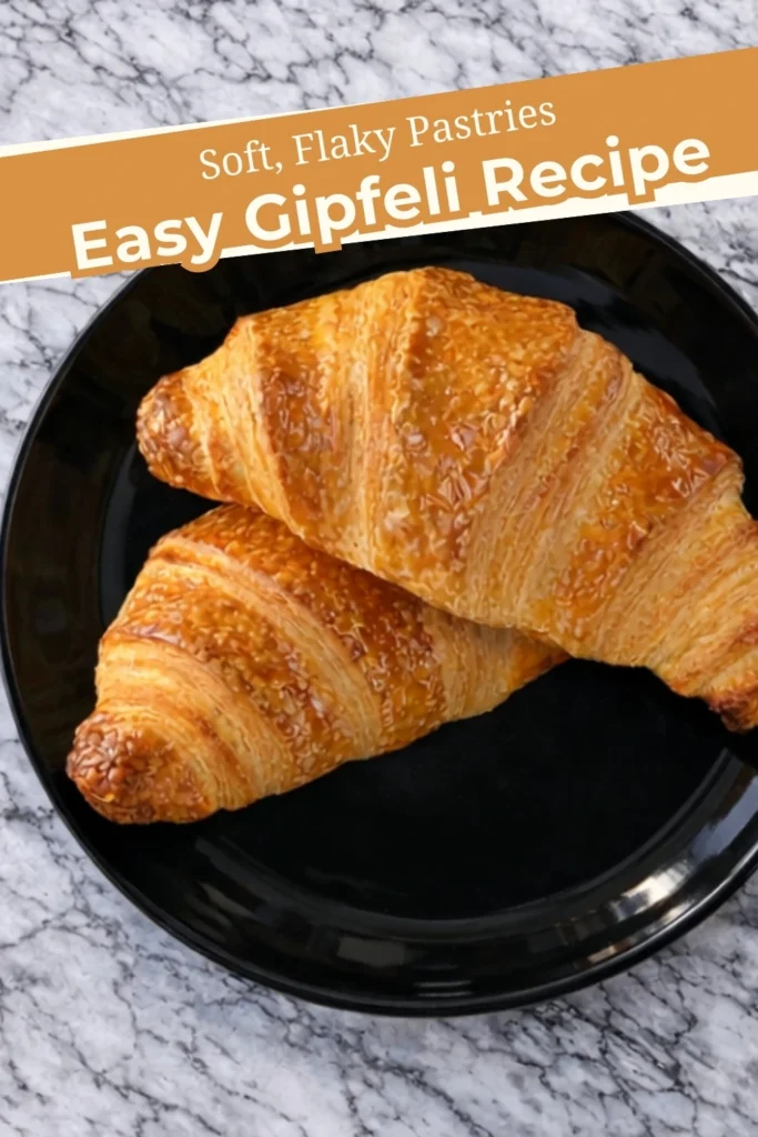 Two freshly baked Gipfeli croissants with a glossy golden-brown crust on a black plate, placed on a marble countertop, featuring a 'Soft, Flaky Pastries' banner.
