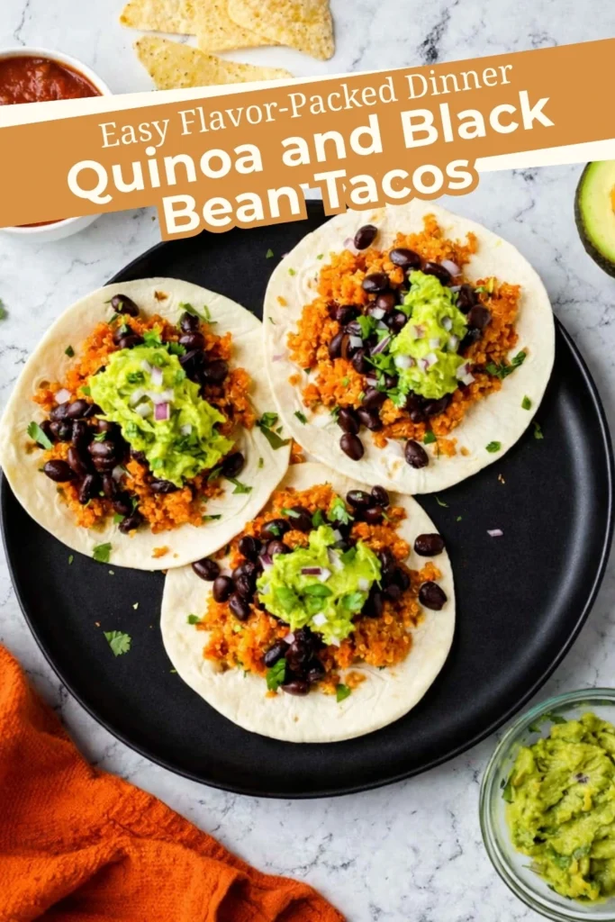 Quinoa and black bean tacos with guacamole, red onion, and cilantro on soft tortillas, labeled easy flavor-packed dinner