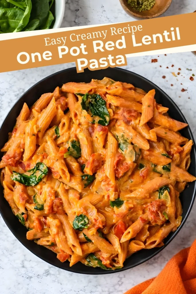 One pot red lentil pasta in a black bowl with creamy tomato sauce and spinach, labeled easy creamy recipe