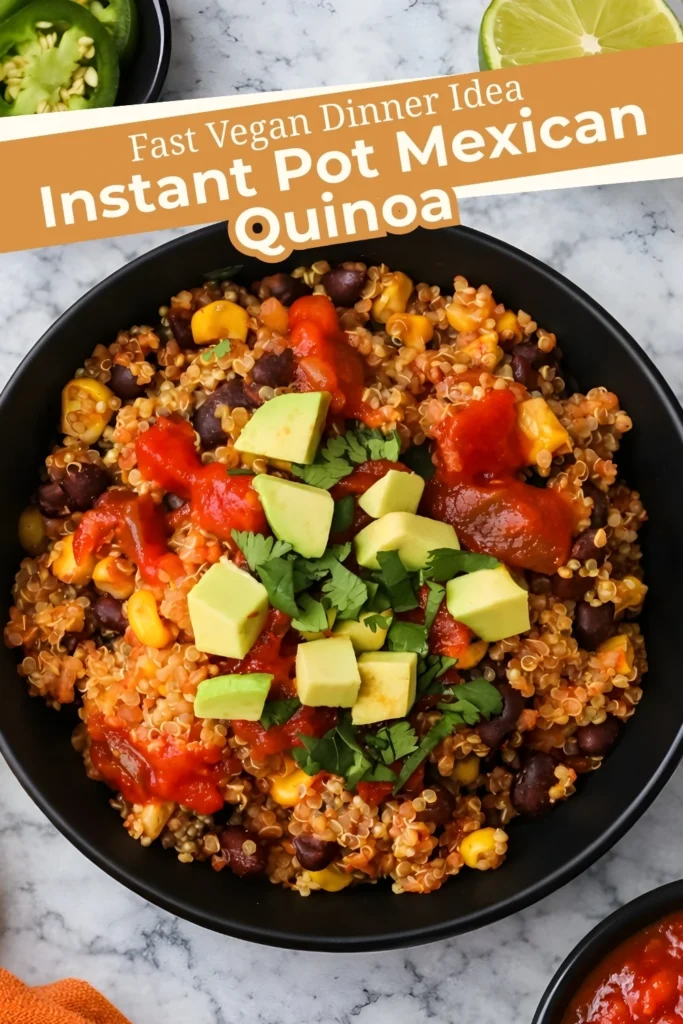 Instant Pot Mexican Quinoa in a black bowl topped with avocado, salsa, black beans, and cilantro, styled with text overlay for a vegan dinner idea
