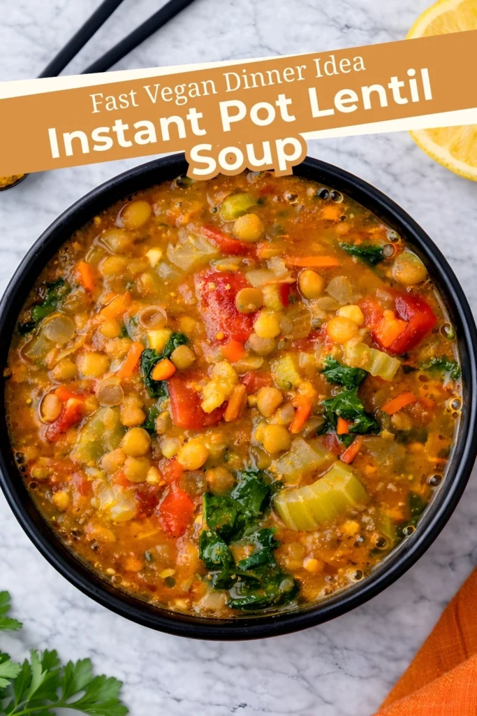 Instant Pot lentil soup in a black bowl with veggies and kale, labeled as a fast vegan dinner idea