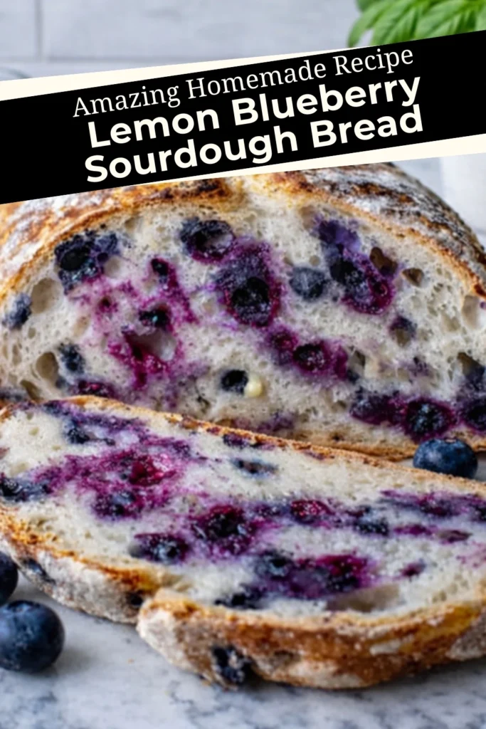 Lemon blueberry sourdough bread sliced on marble counter with fresh blueberries and purple berry swirls in crumb
