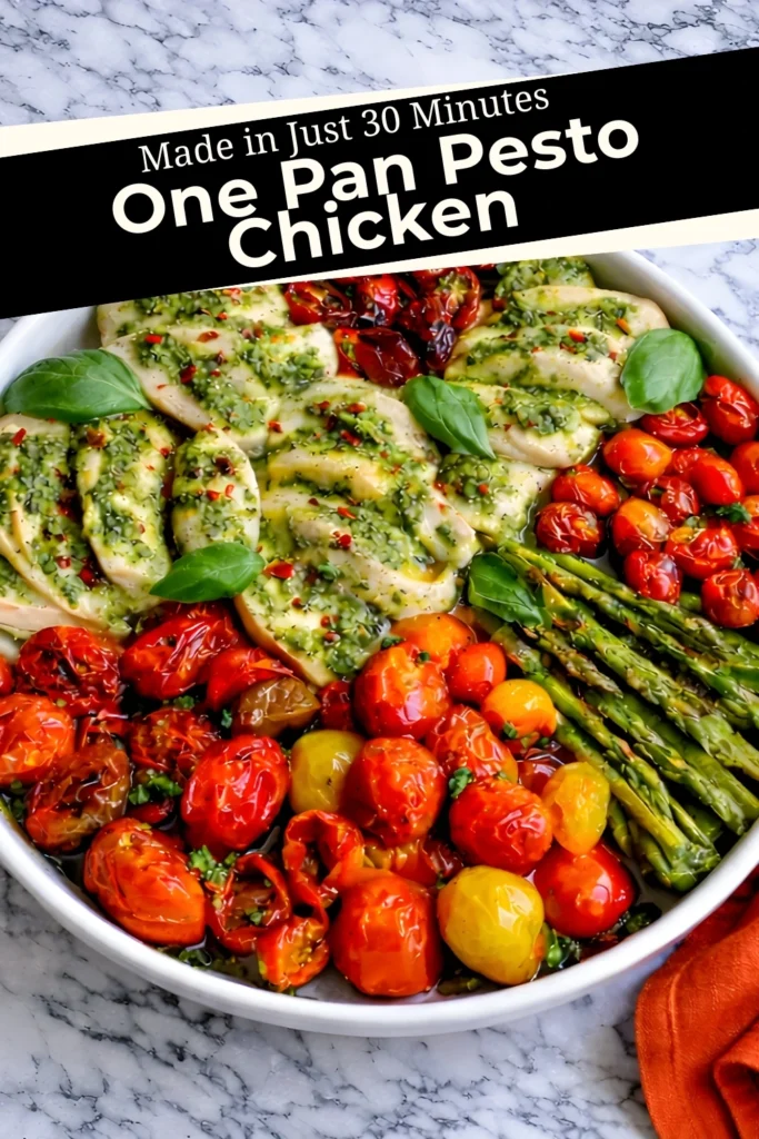 One pan pesto chicken with roasted tomatoes and asparagus in white dish with text overlay made in just 30 minutes