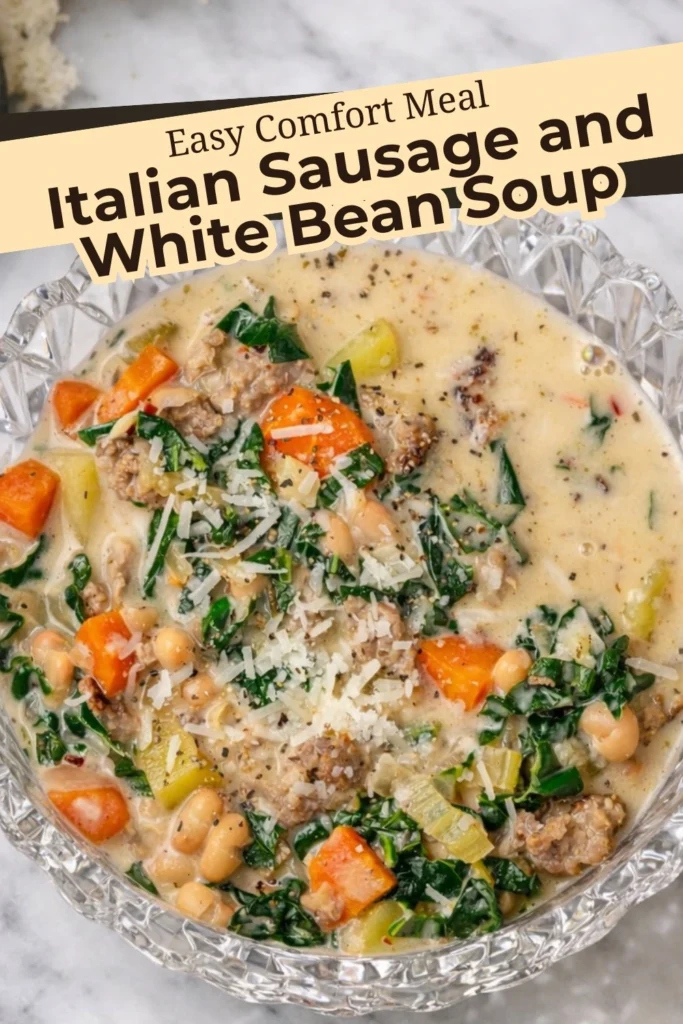 Italian sausage and white bean soup with kale carrots and parmesan in a creamy broth with text overlay reading easy comfort meal