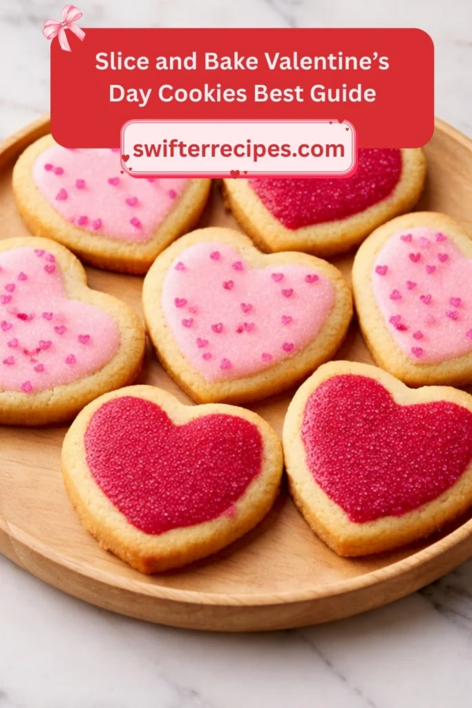 Slice and bake Valentine’s Day cookies with pink and red heart frosting on a plate, featuring a swifterrecipes.com branding banner