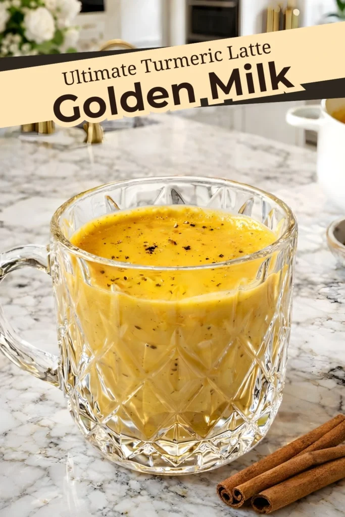 Golden Milk in a clear glass mug on a marble counter with cinnamon sticks, with text overlay that reads Ultimate Turmeric Latte Golden Milk