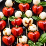 Heart-Shaped Valentine’s Caprese Skewers with Basil, Mozzarella, and Balsamic Glaze