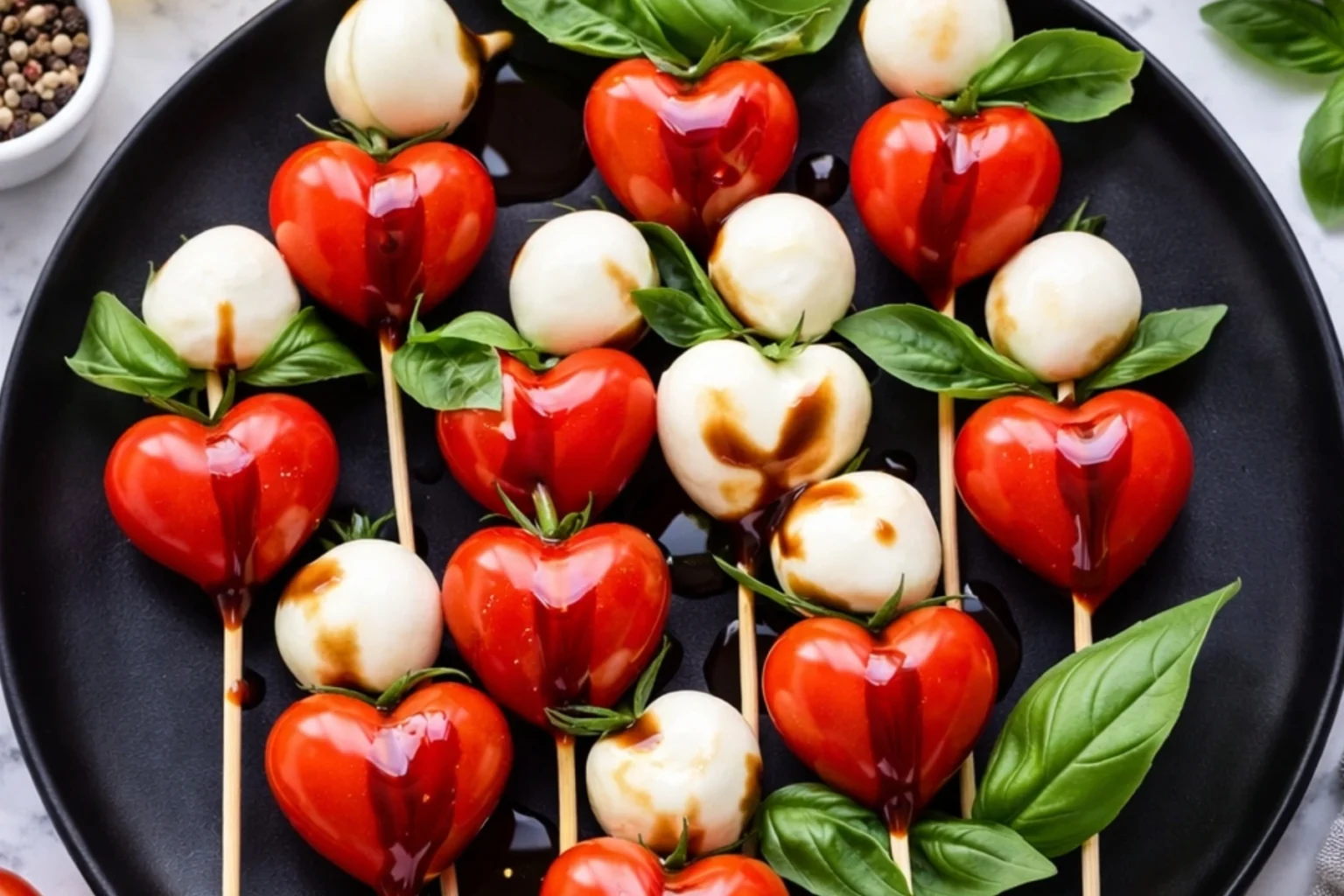 Heart-Shaped Valentine’s Caprese Skewers with Basil, Mozzarella, and Balsamic Glaze