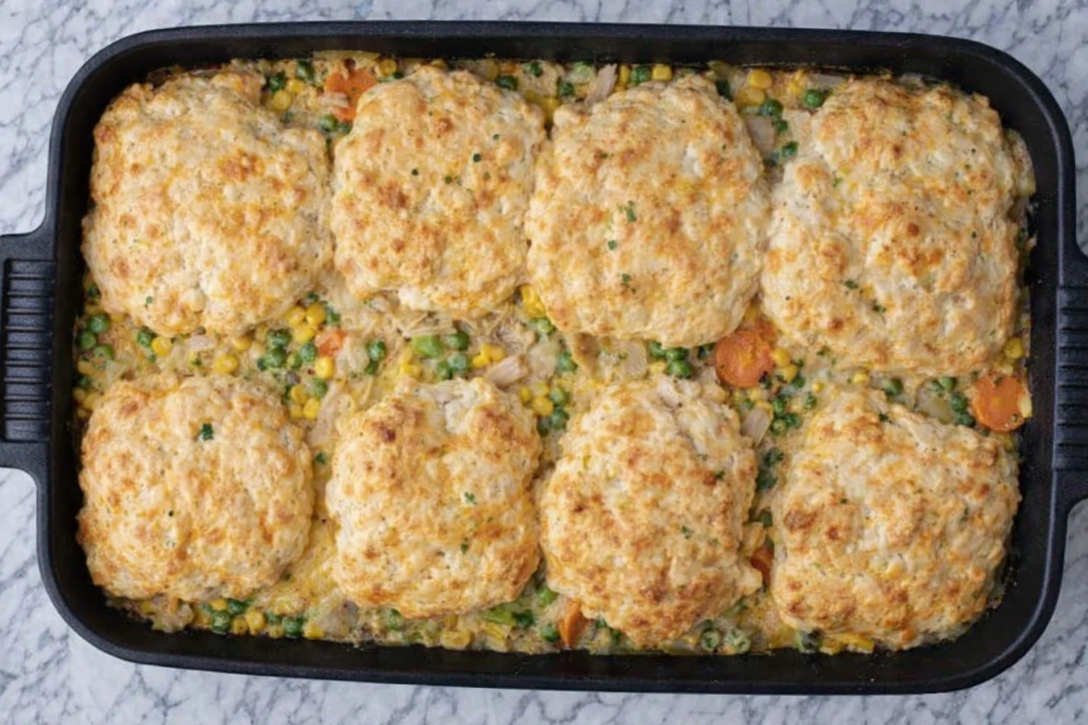 Chicken pot pie casserole topped with golden cheesy biscuits in a baking dish