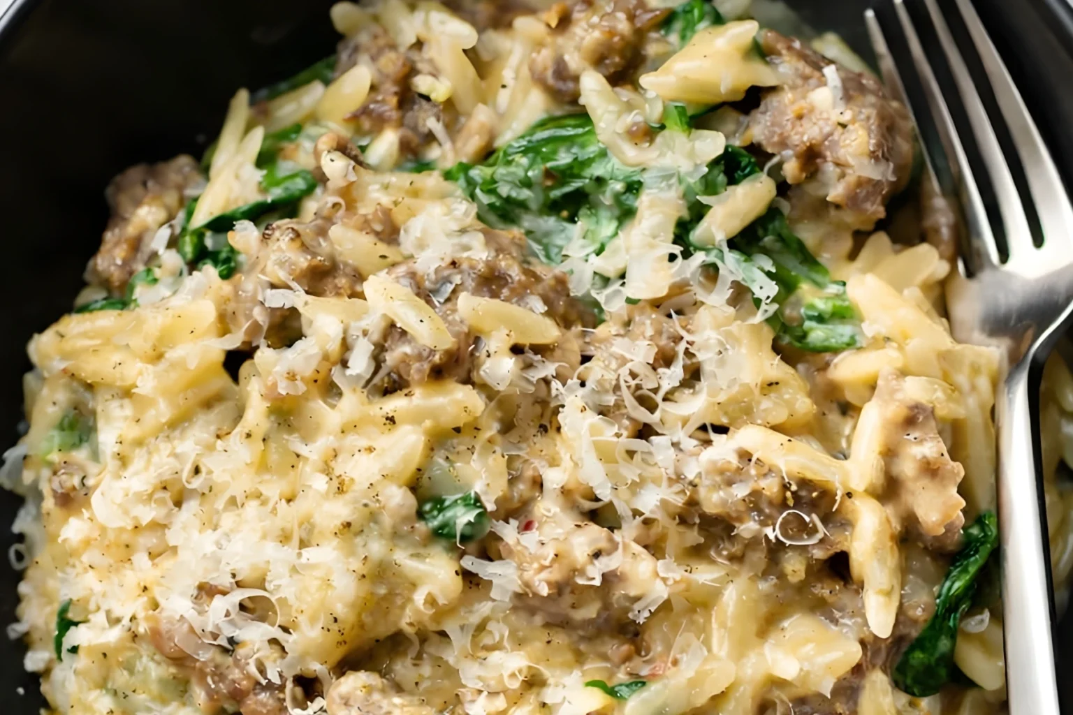 Close-Up of Creamy Italian Sausage Orzo with Spinach and Parmesan