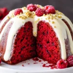 Red velvet cream cheese bundt cake with rich white glaze and fresh raspberries