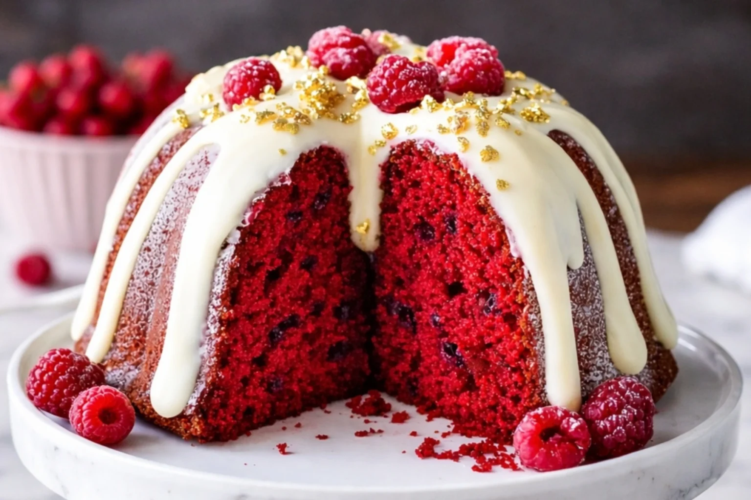 Red velvet cream cheese bundt cake with rich white glaze and fresh raspberries
