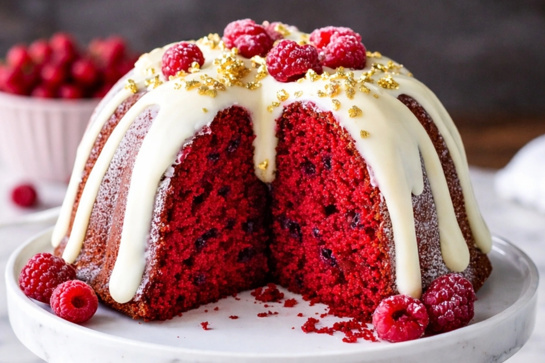 Red velvet cream cheese bundt cake with rich white glaze and fresh raspberries