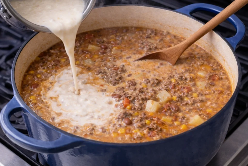 Pouring creamy mixture into cowboy soup with beef, potatoes, corn, and beans in a blue Dutch oven