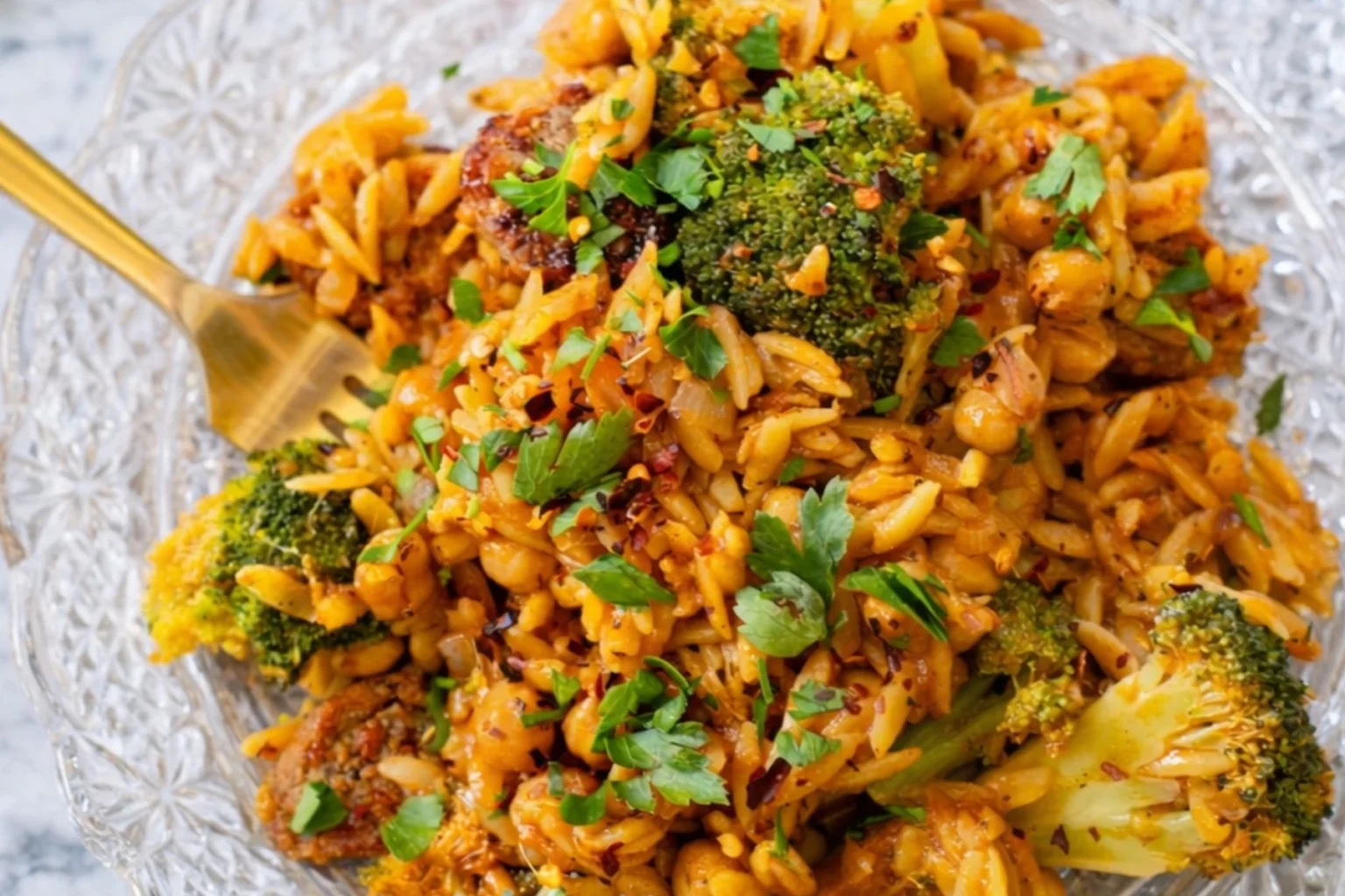 Close-up of vegan sausage and broccoli orzo skillet with chickpeas, fresh herbs, and red pepper flakes served on a glass plate with a gold fork