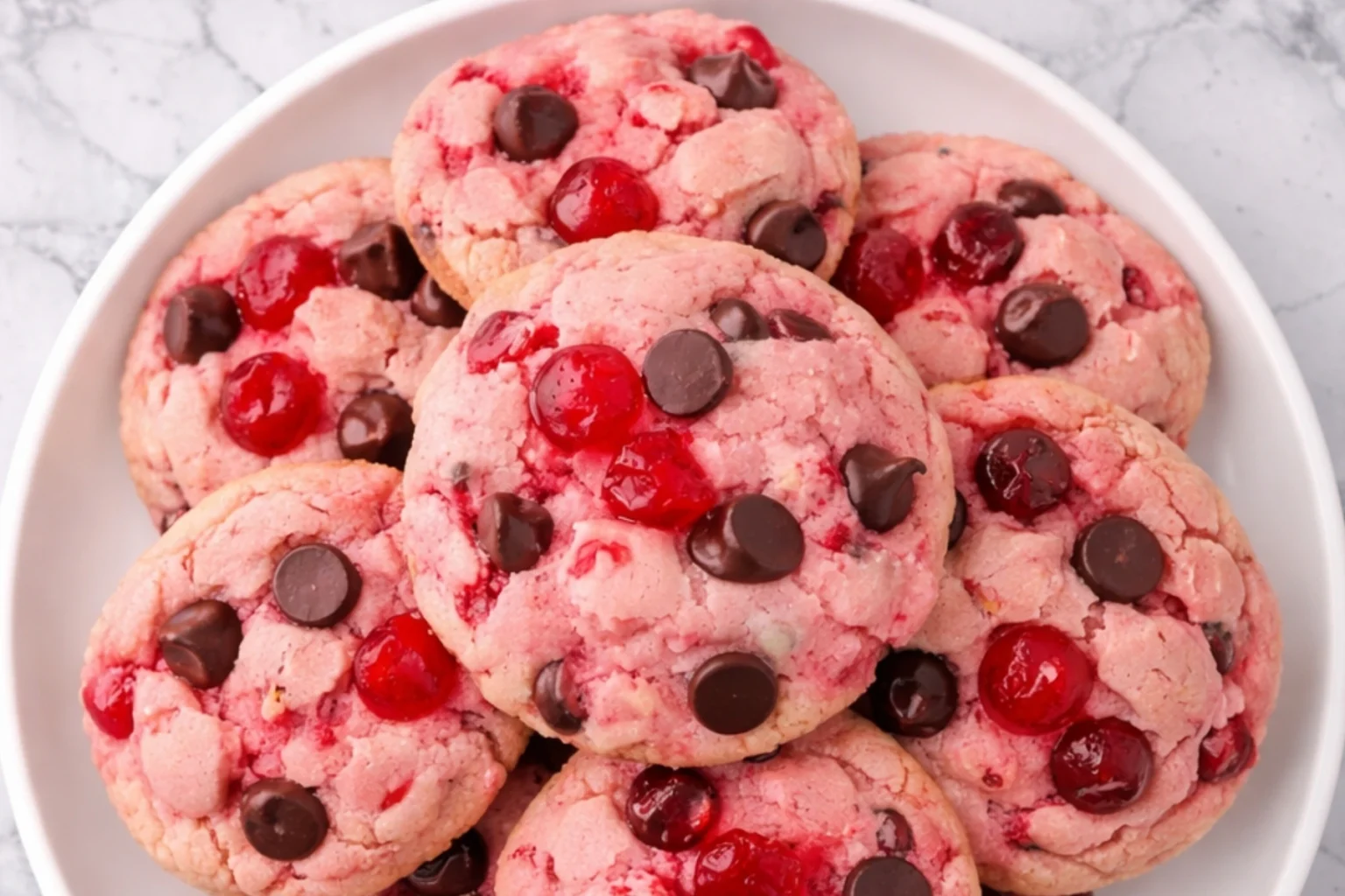 Maraschino Cherry Chocolate Chip Cookies with vibrant pink color and chocolate chips