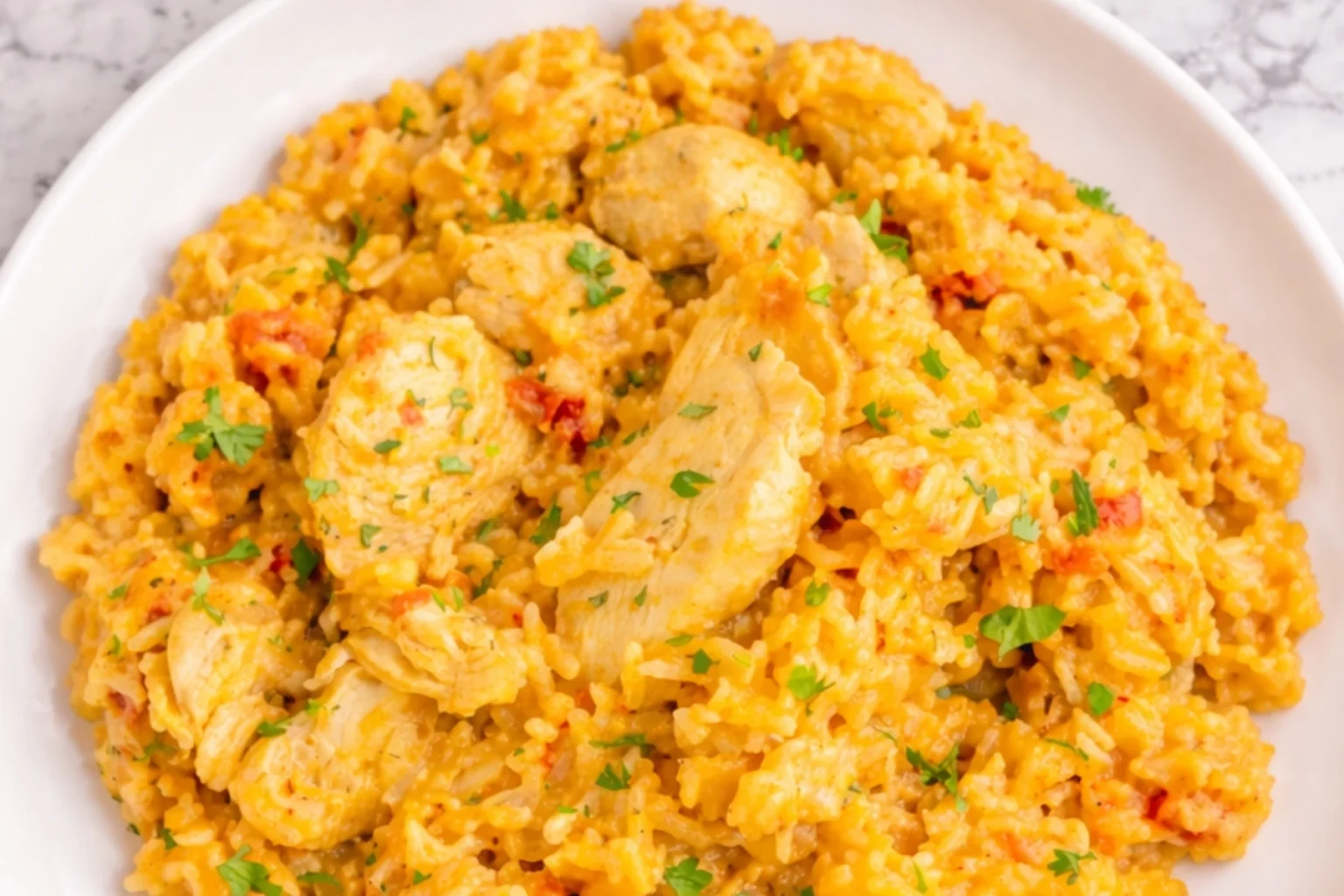 One Pot Queso Chicken and Rice with Tender Chicken and Cheesy Rice