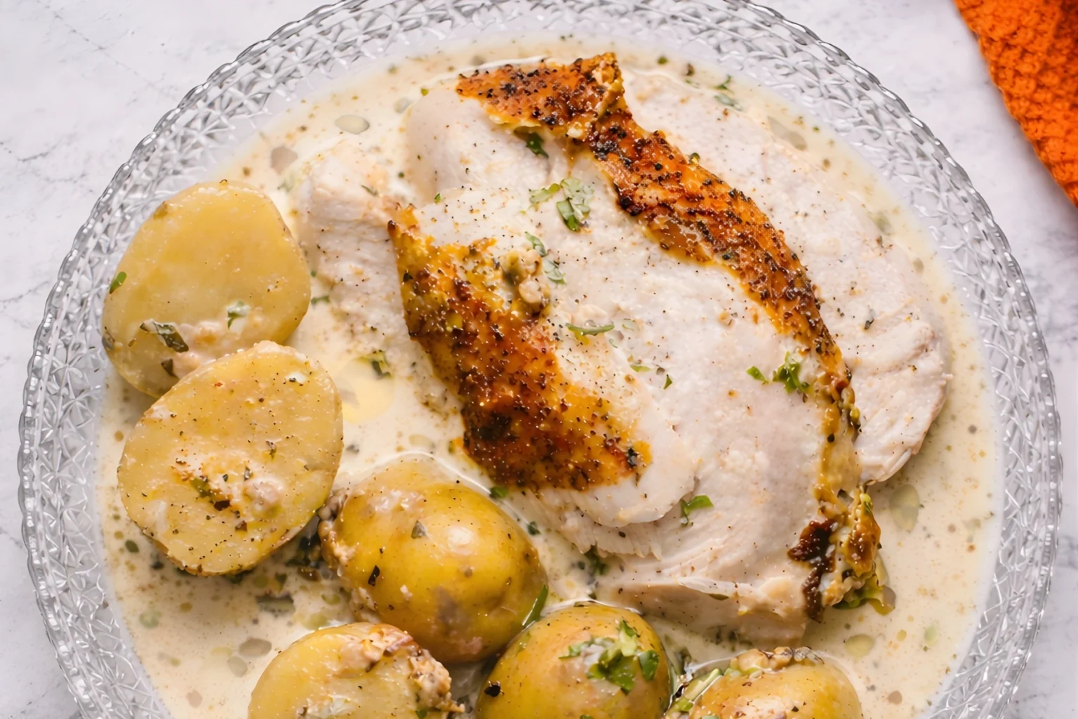 Creamy lemon and herb pot roasted chicken served with baby potatoes in a rich creamy sauce