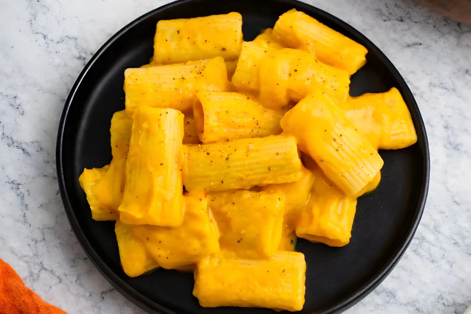Creamy Vegan Butternut Squash Pasta on Black Plate