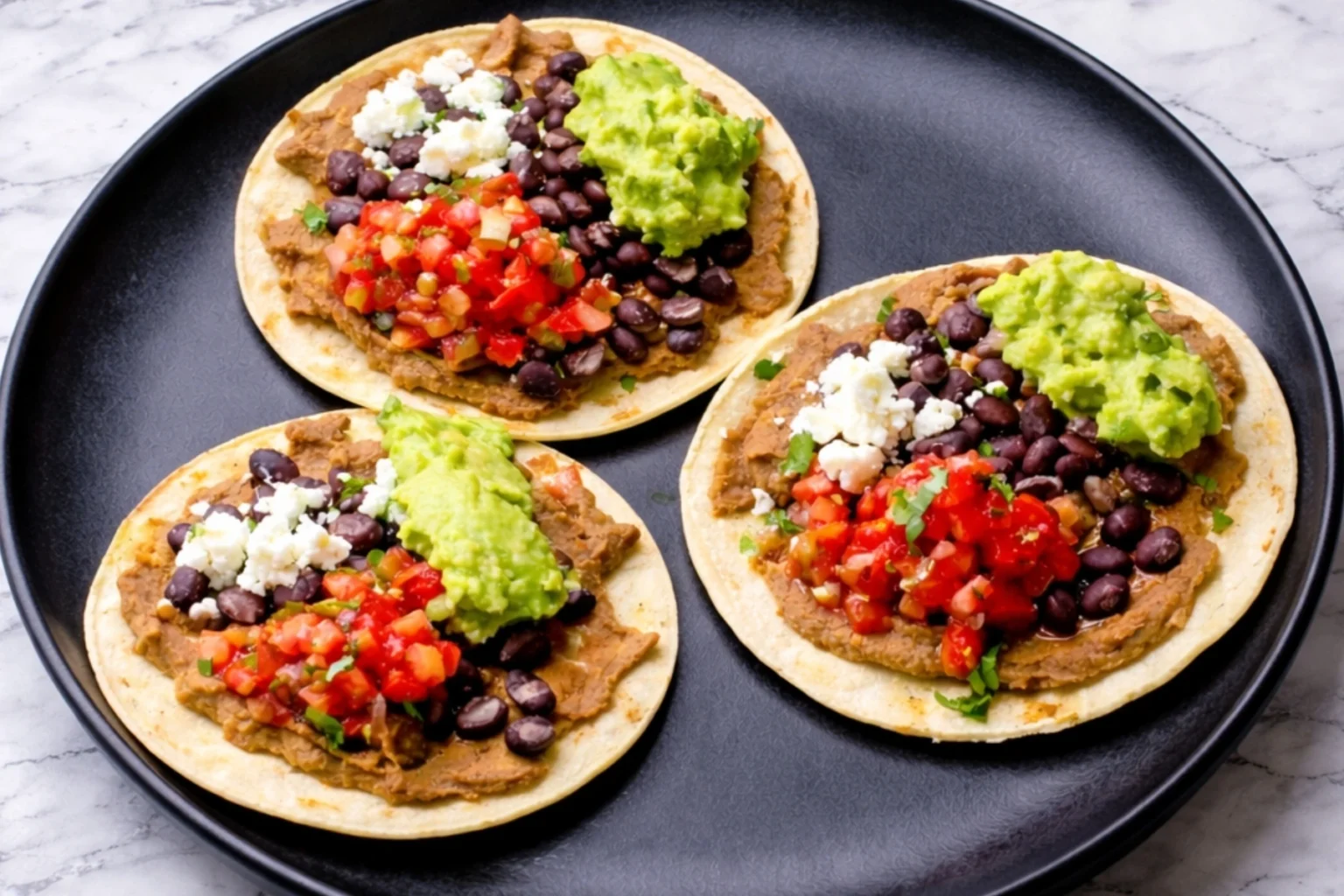 Vegetarian tostadas with refried beans, black beans, guacamole, pico de gallo, and crumbled cheese on a black plate
