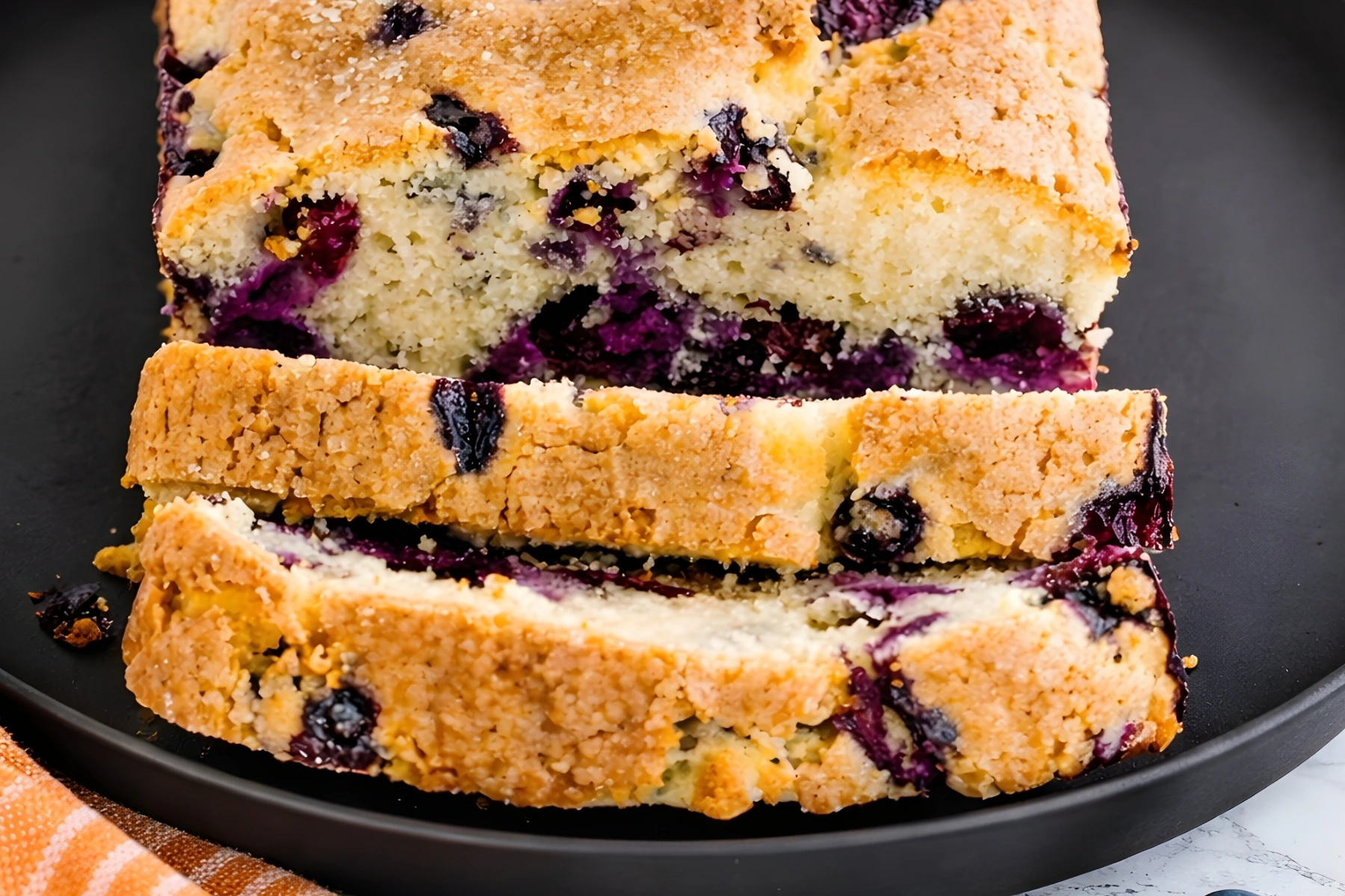 Freshly sliced moist blueberry loaf with golden crust and juicy berries