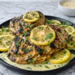 Zesty grilled lemon chicken breast topped with fresh parsley and lemon slices served on a black plate with creamy lemon sauce