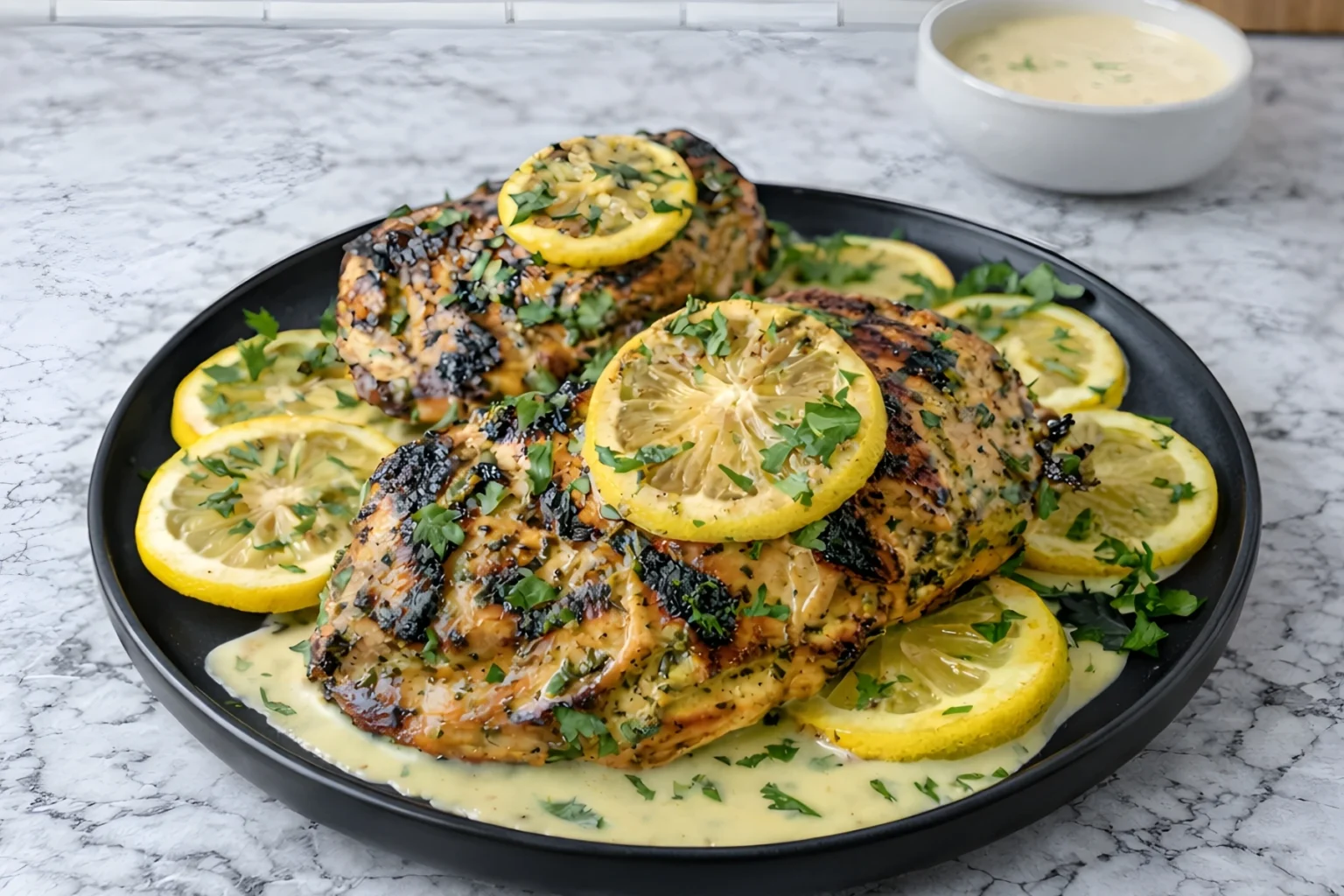 Zesty grilled lemon chicken breast topped with fresh parsley and lemon slices served on a black plate with creamy lemon sauce