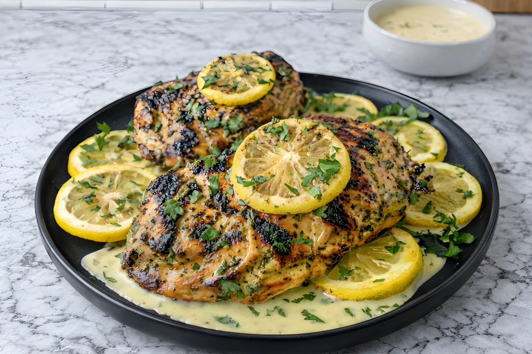 Zesty grilled lemon chicken breast topped with fresh parsley and lemon slices served on a black plate with creamy lemon sauce