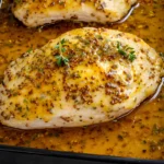 Baked honey mustard chicken breasts baked in a golden mustard sauce with herbs in a casserole dish