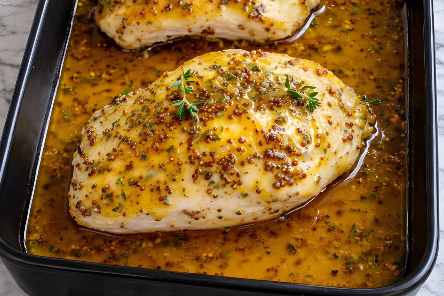 Baked honey mustard chicken breasts baked in a golden mustard sauce with herbs in a casserole dish
