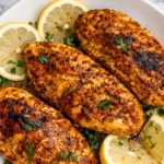 Spicy Cajun chicken breasts seared to perfection with herbs and lemon slices on a white plate
